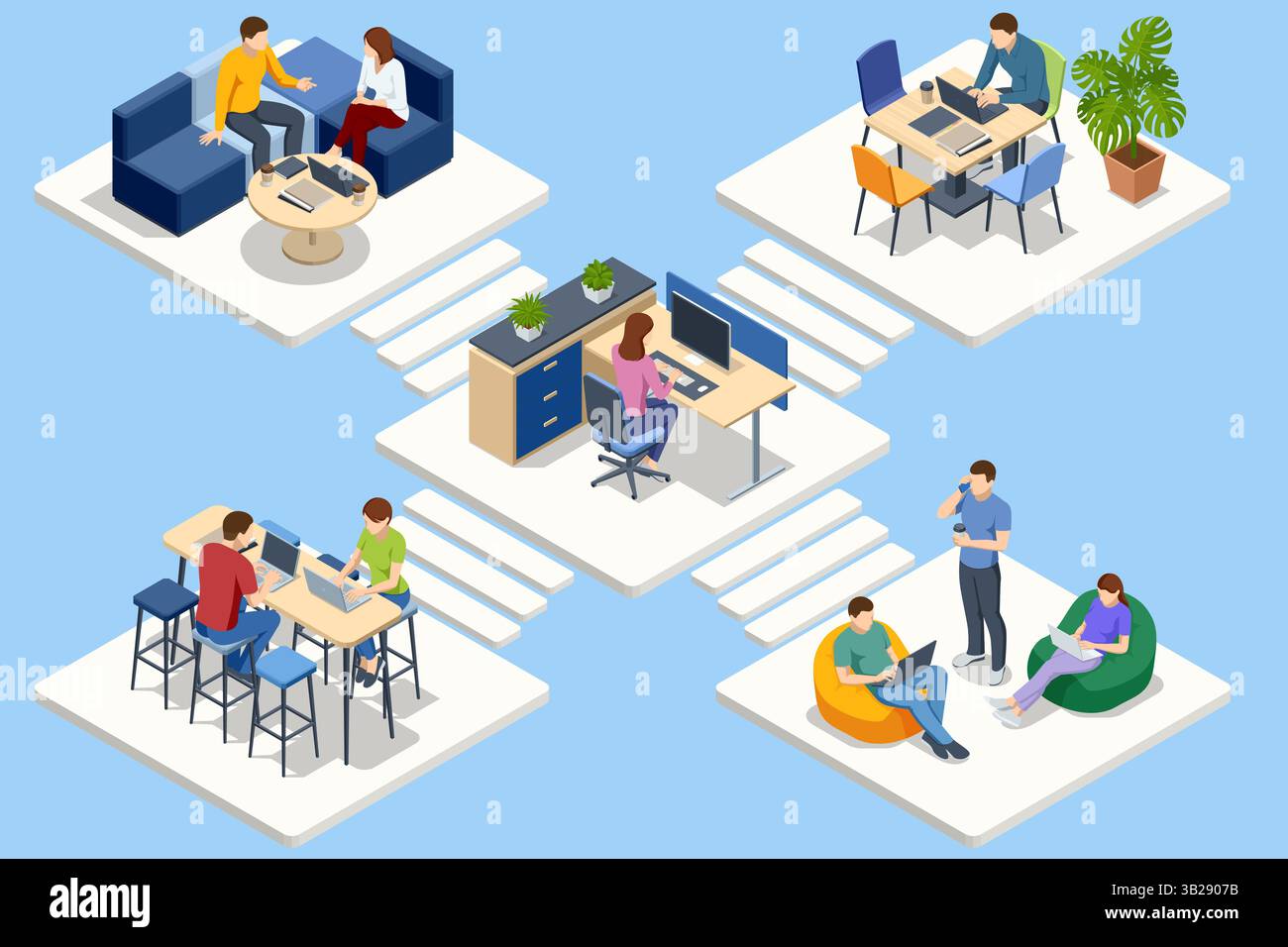 Different coworking spaces connected together showing collaboration and remote work. Isometric vector illustration. Stock Vector