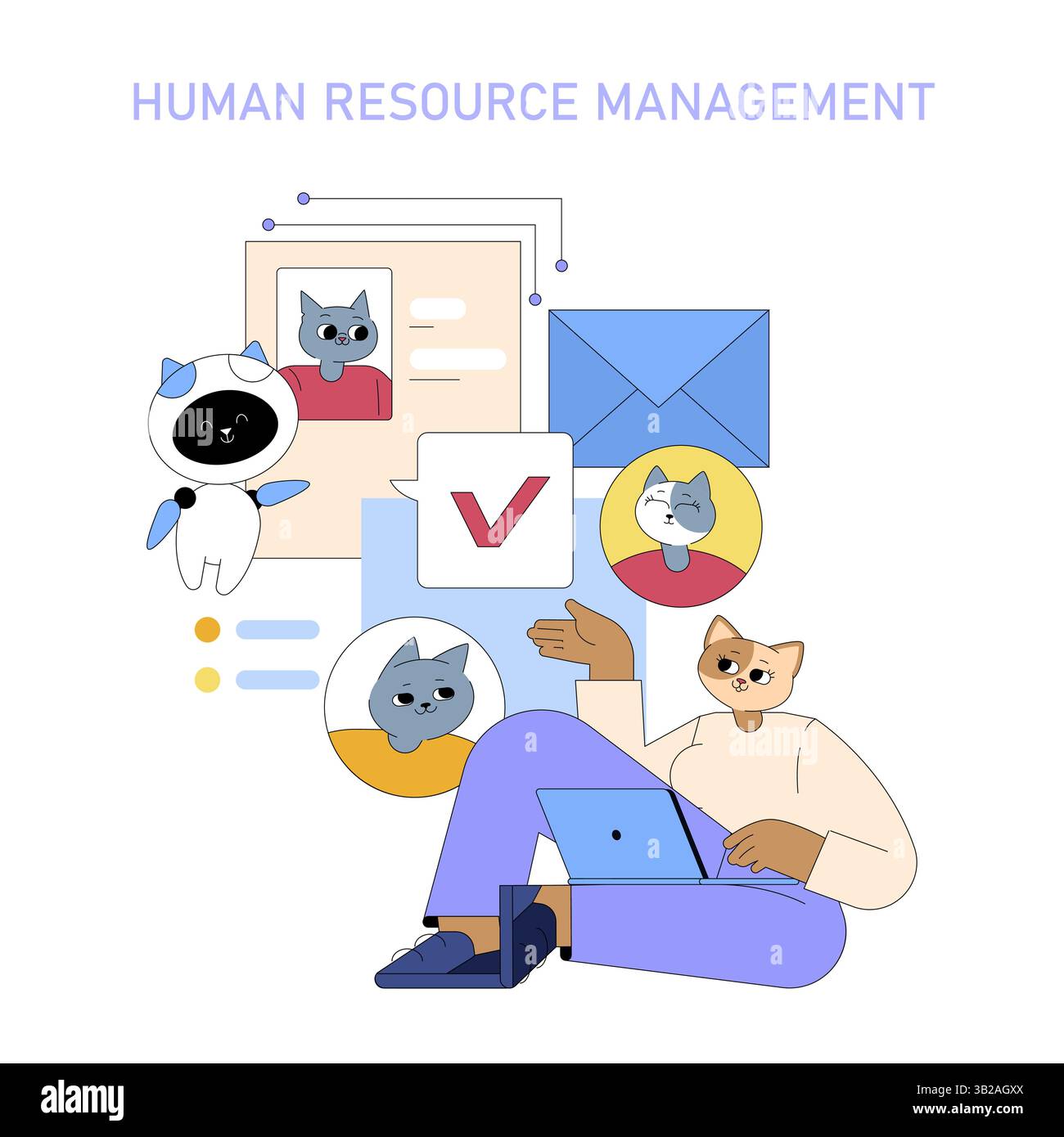 AI integration in human resource management supports efficient employee evaluation and communication processes. It streamlines recruitment workflows and enhances productivity in medium-sized businesses. Stock Vector
