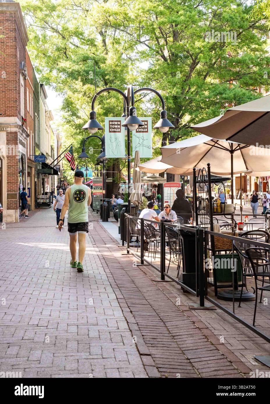 Charlottesville, Virginia- April 23, 2025: View of historic Downtown Mall in Charlottesville VA on a sunny day with people and historic architecture i Stock Photo