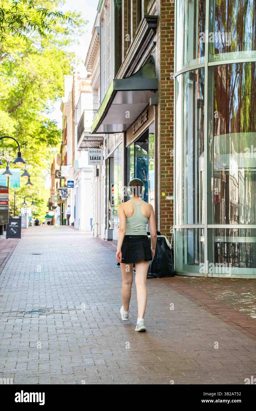 Charlottesville, Virginia- April 23, 2025: View of historic Downtown Mall in Charlottesville VA on a sunny day with people and historic architecture i Stock Photo