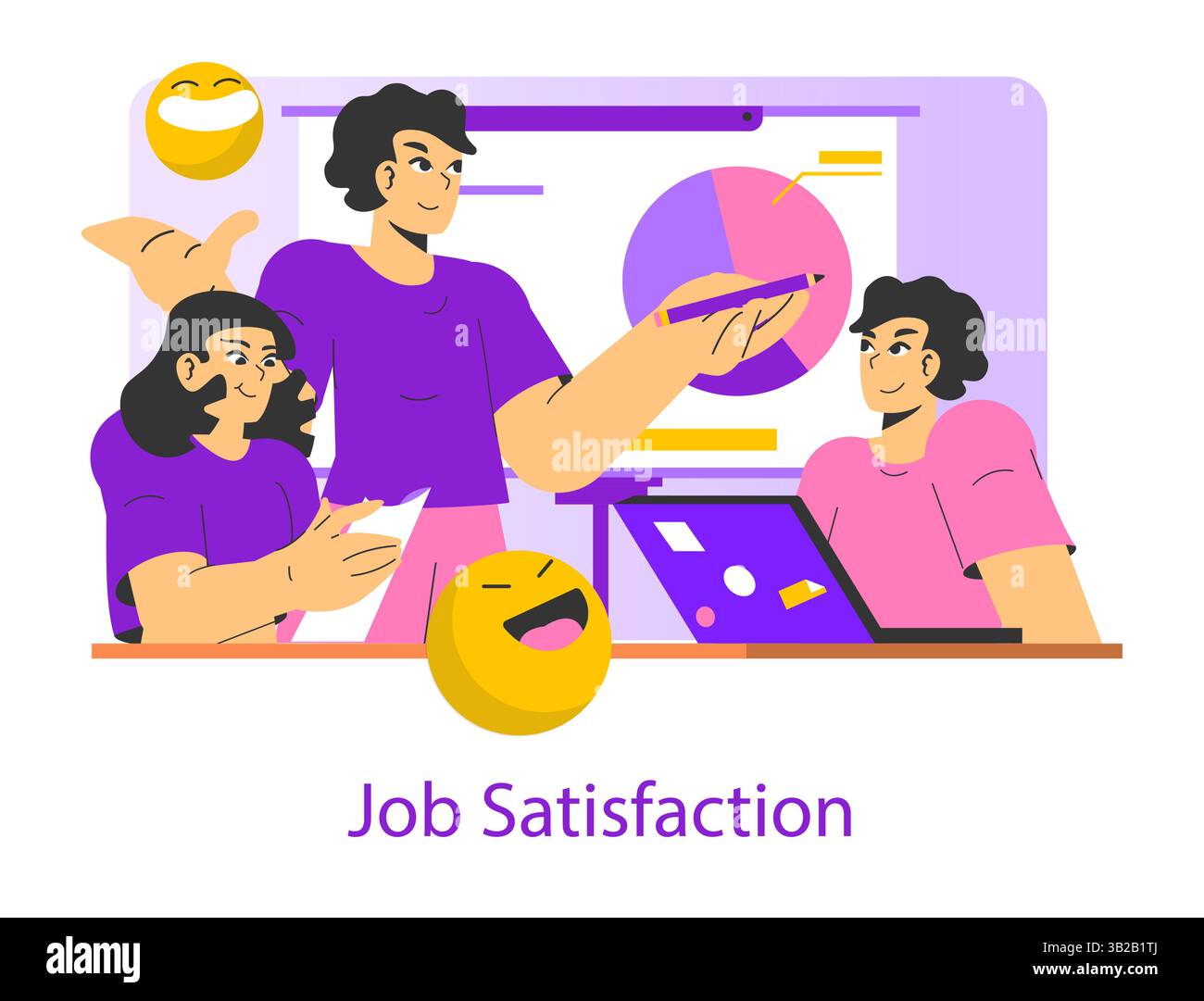 Illustration focuses on job satisfaction in a collaborative setting. It portrays individuals engaged in discussion with positive expressions. Visual elements relate to teamwork and productivity. Vector illustration. Stock Vector