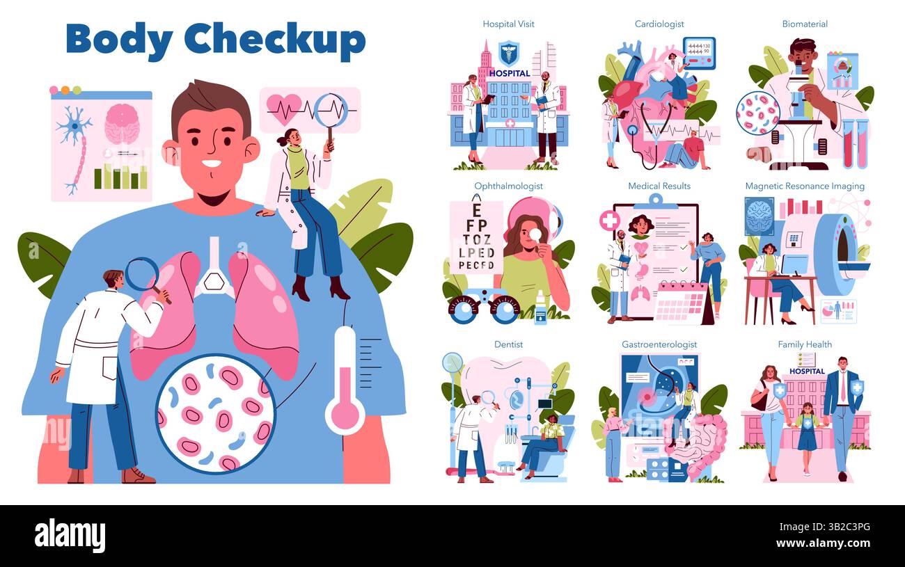 Body Checkup illustration. This design highlights various medical ...
