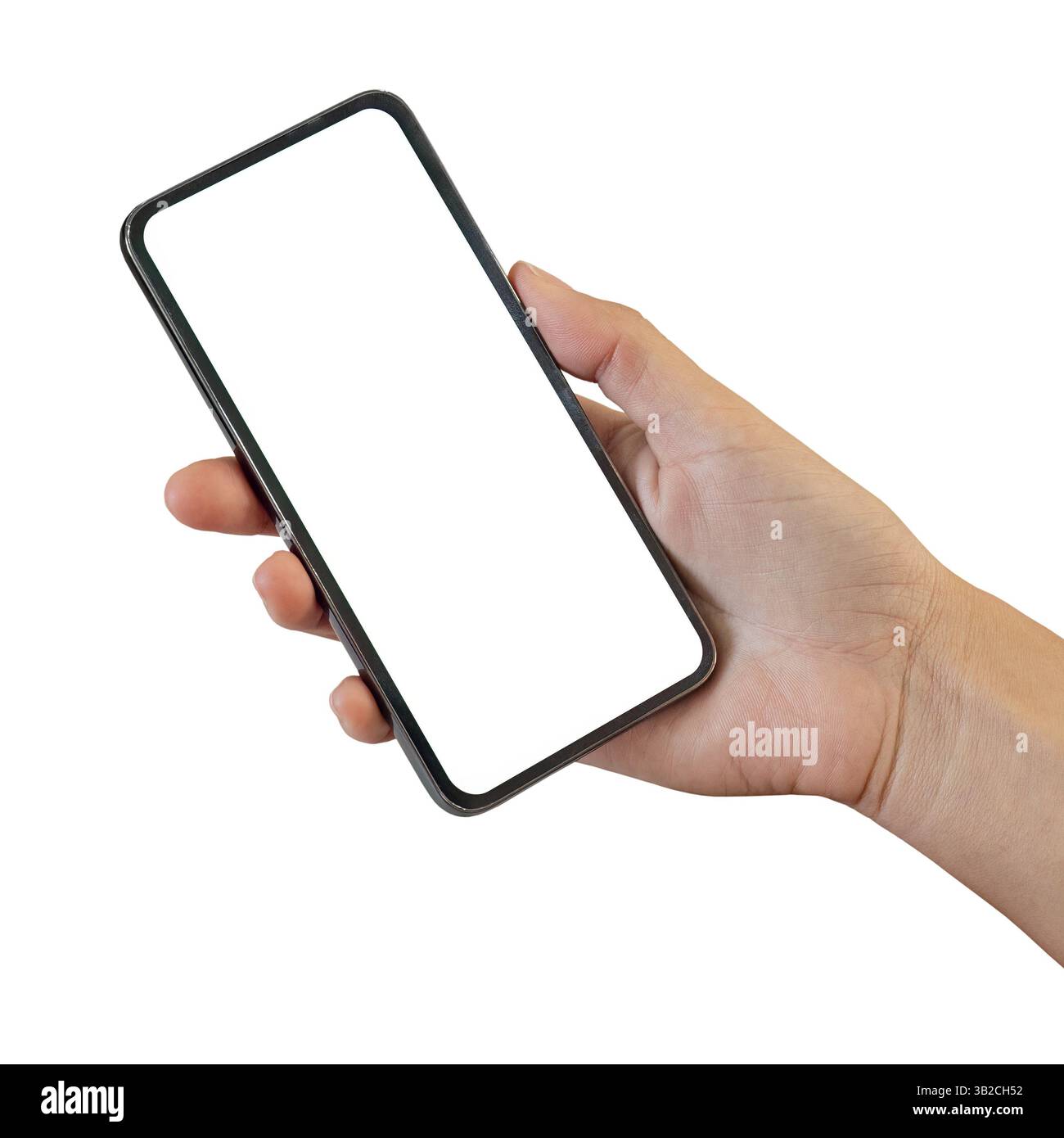 Hand holding modern smart phone with blank screen isolated, modern black smartphone mockup Stock Photo