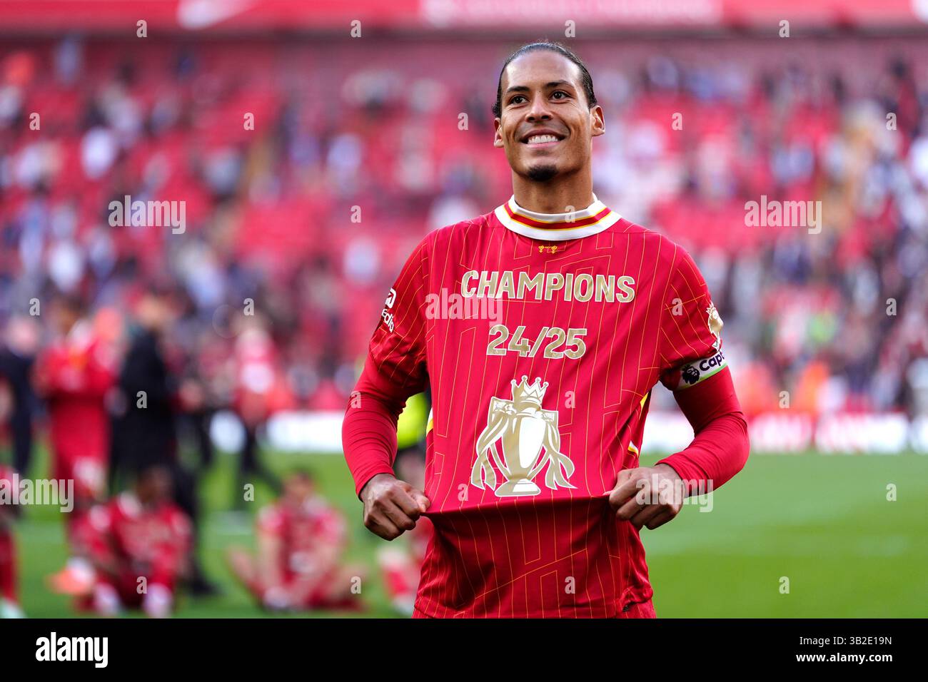 Liverpool S Virgil Van Dijk Celebrates Victory And The Premier League Liverpools Virgil Van Dijk Celebrates Victory And The Premier League Title Following The Premier League Match At Anfield Liverpool Picture Date Sunday April 27 2025 3B2E19N