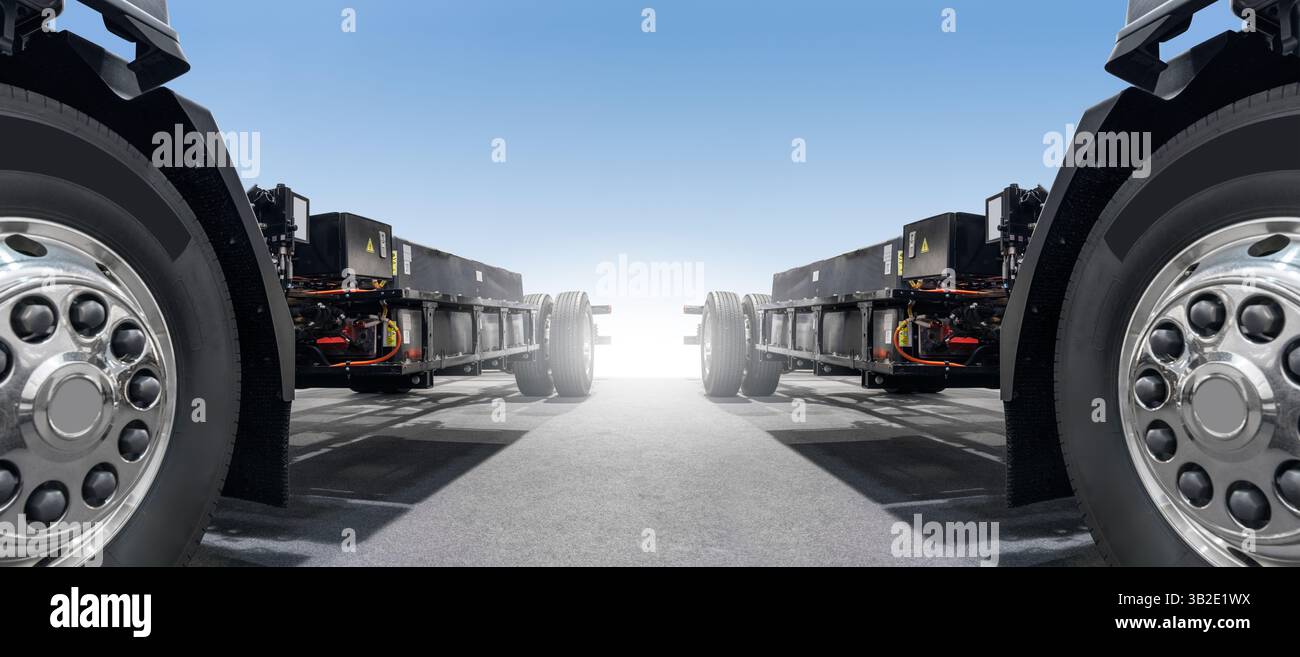 Electric trucks with batteries bottom view. Stock Photo