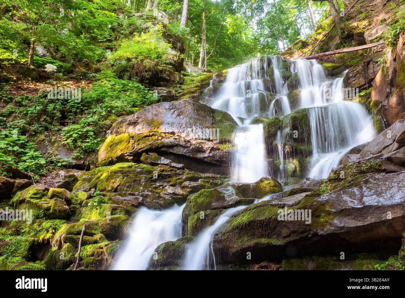 waterfall shypit of carpathian mountains in summer. refreshing relax in woodland. scenery in morning light. popular travel destination of ukraine. cas Stock Photo