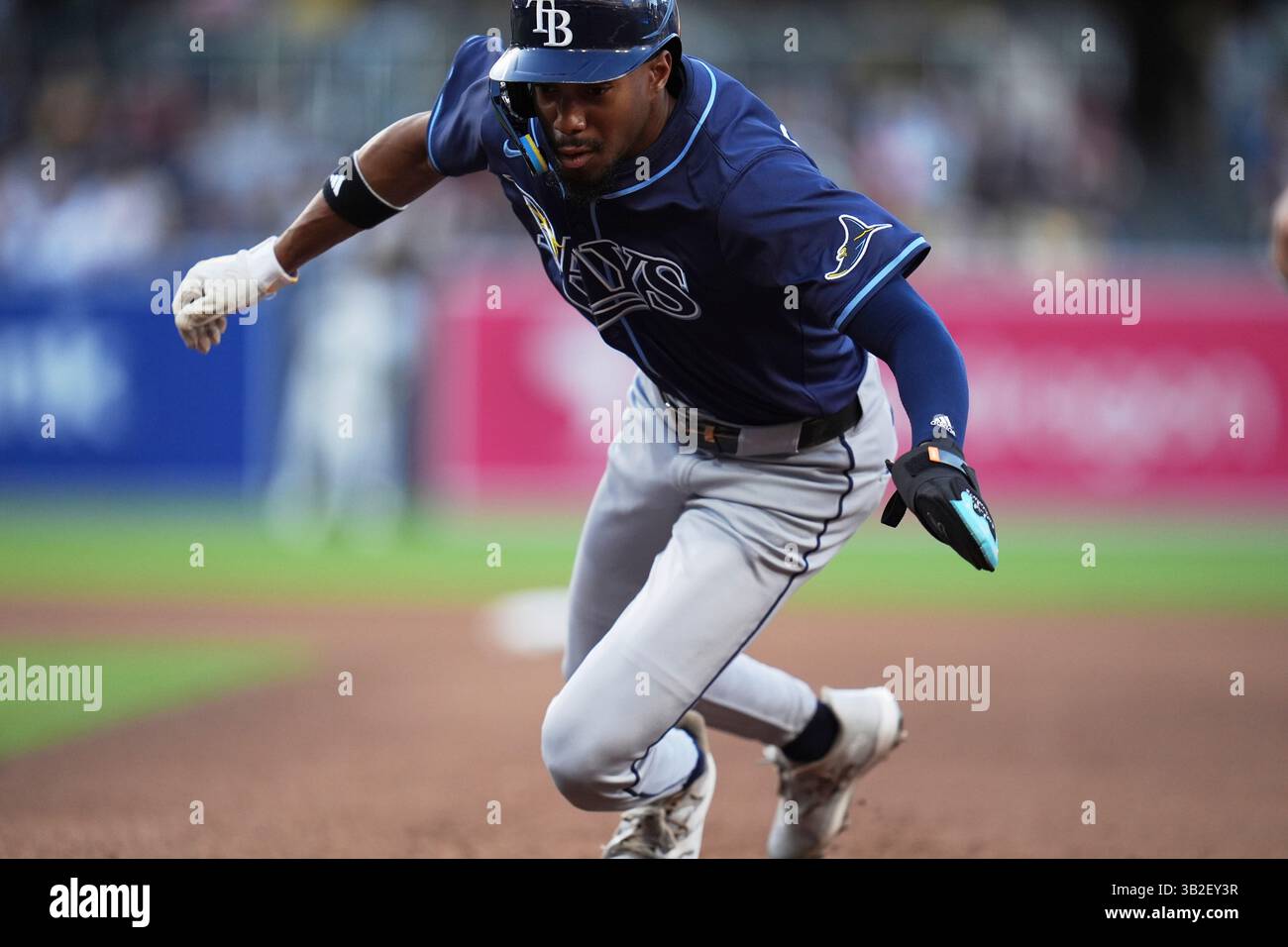 Tampa Bay Rays' Chandler Simpson as Simpson runs before getting tagged ...