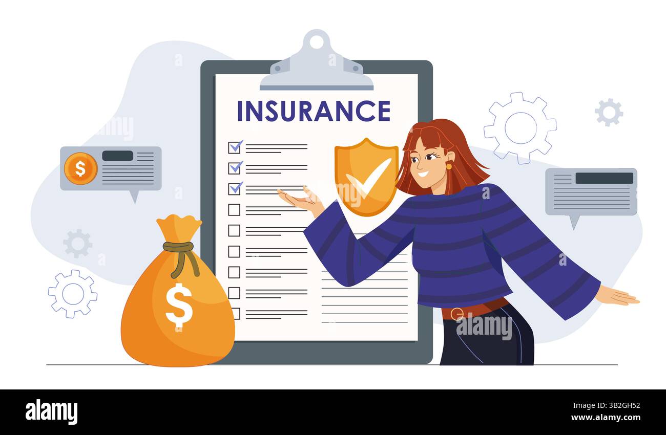 Insurance checklist with woman character. Vector illustration Stock ...