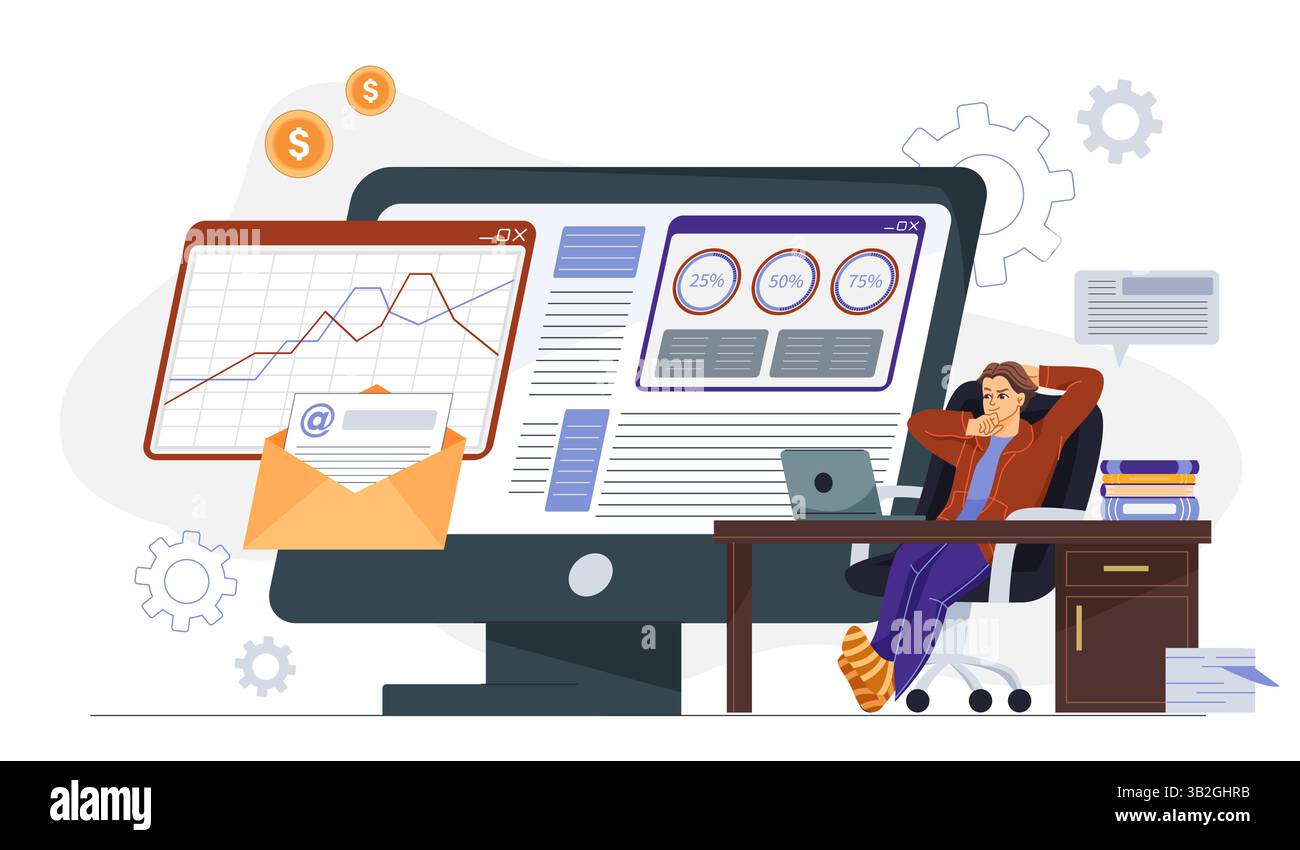 Man relaxing at desk with analytics screen. Vector illustration Stock Vector