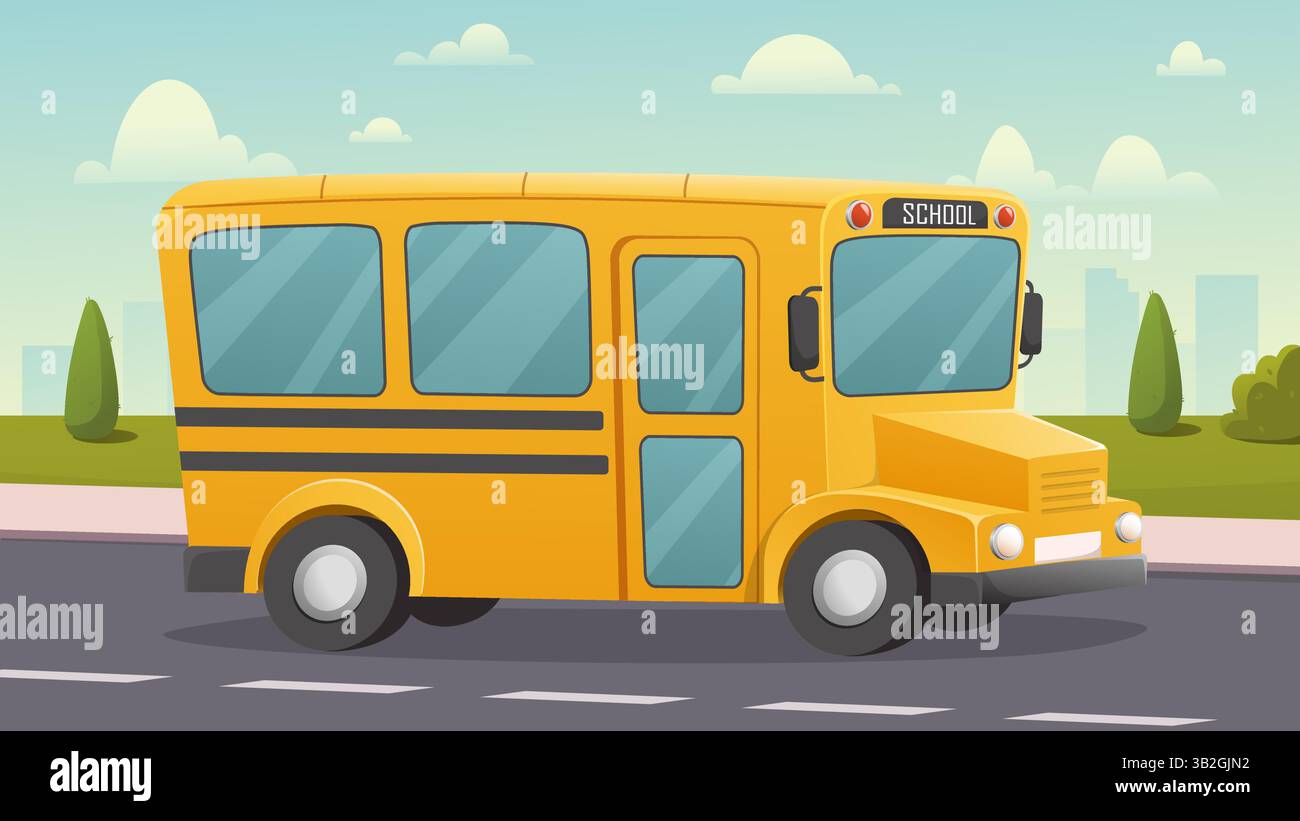 Cartoon yellow school bus on road. Vector illustration Stock Vector ...