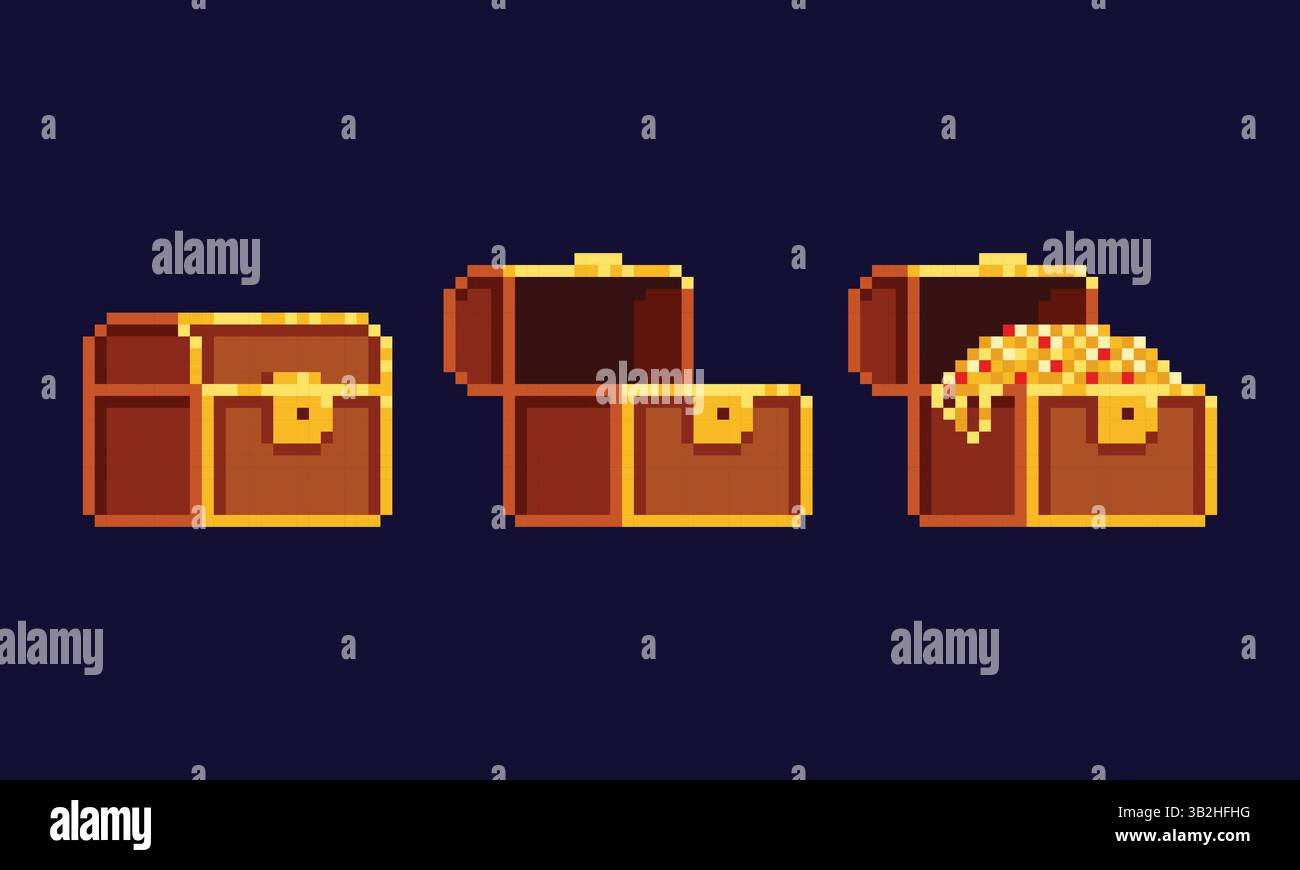 Pixel art vector illustration - wooden gold treasure chest, closed ...