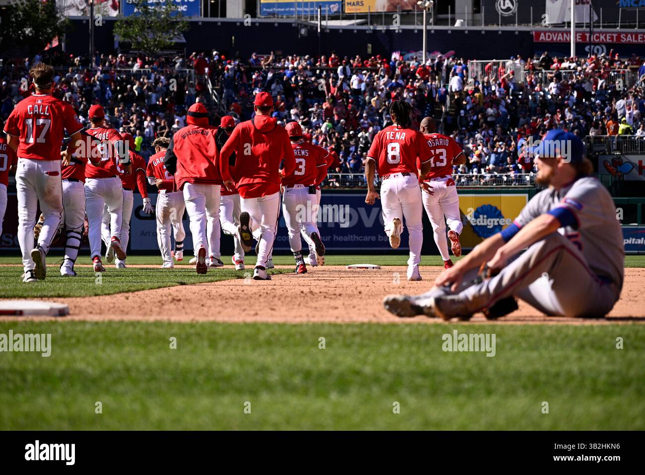 The Washington Nationals celebrate as New York Mets relief pitcher Ryne