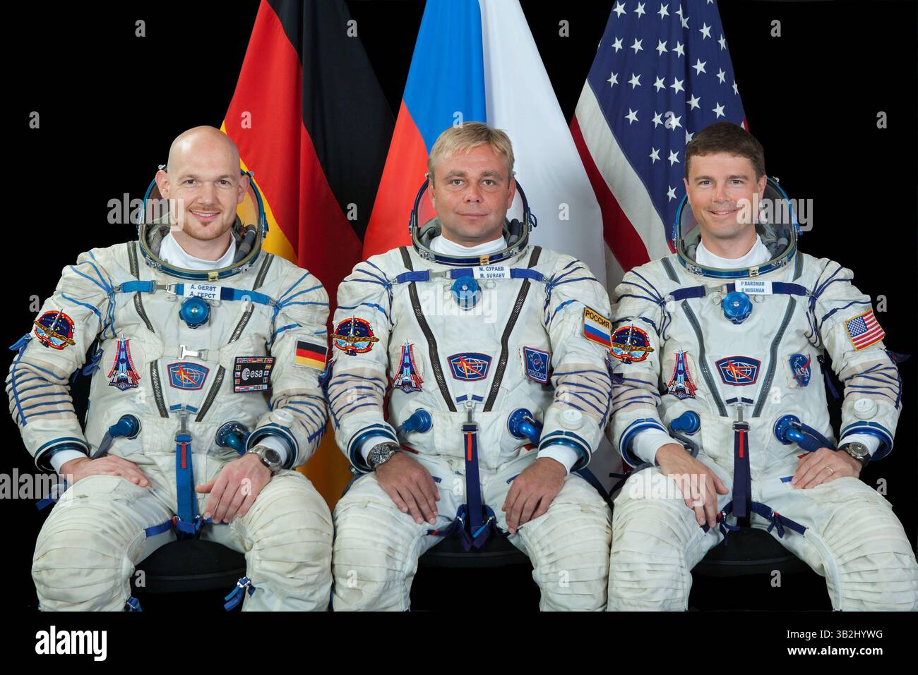 Aug. 22, 2013 - Star City, Russia - International Space Station Expedition 40 crew members ESA astronaut Alexander Gerst (left), Soyuz commander Max Suraev and NASA astronaut Reid Wiseman (right) pose for an official portrait at the Gagarin Cosmonaut Training Center August 22, 2013 in Star City, Russia. (Credit Image: © Stephanie Stoll/Planet Pix via ZUMA Wire) Stock Photo