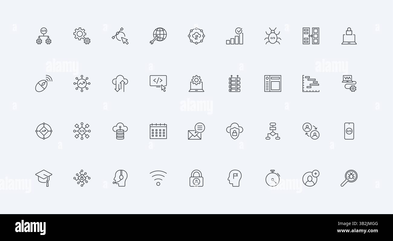 Algorithm of information system, program code test and gears thin black outline symbols vector illustration. Development of software, mobile application, operate digital data line icon set Stock Vector