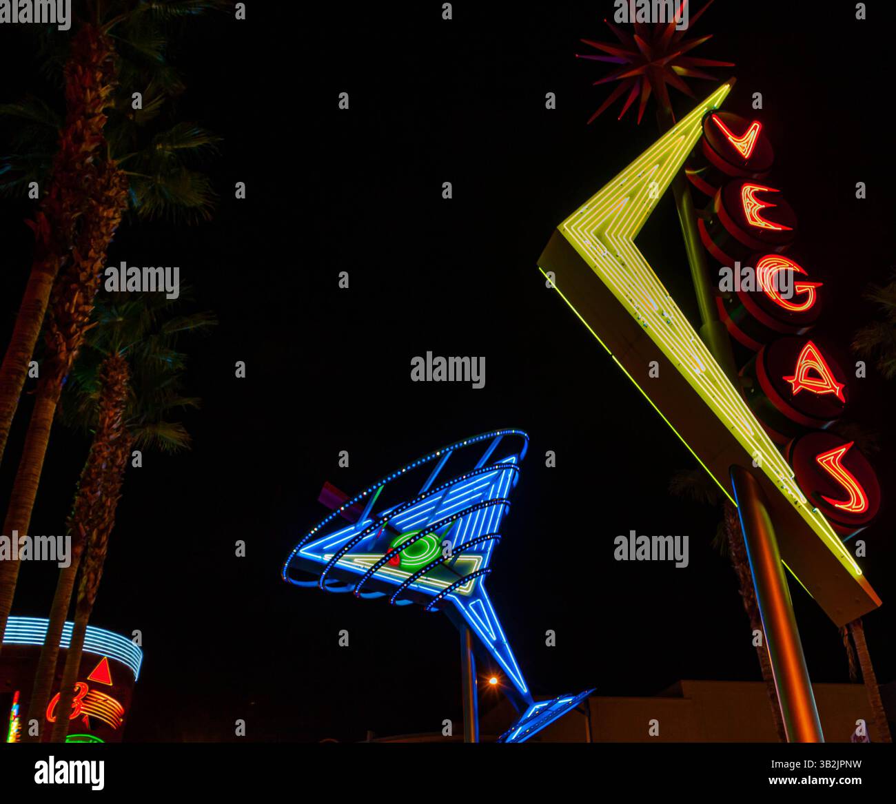 The Retro Martini Glass and New Vegas Boomerang  Neon Sign Designs in the Fremont East District, Las Vegas, Nevada, USA Stock Photo