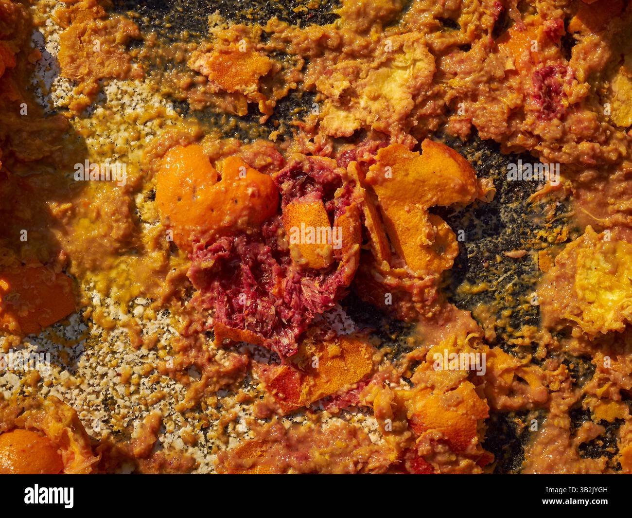 The remaining mess from the orange fight at the 2025 Carnevale in Ivrea, Piedmont, Italy Stock Photo