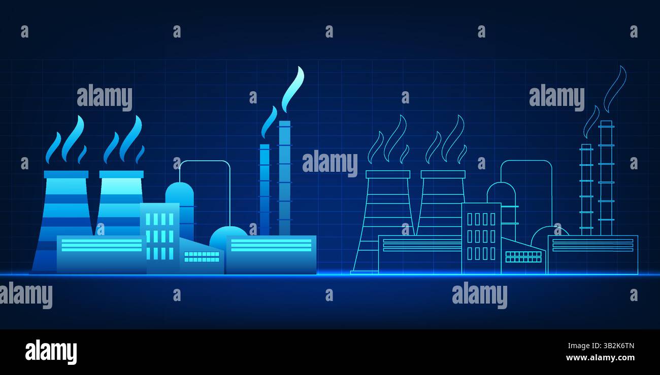 Digital Twin in Industrial Plant shows two factories mirroring each other, conveying simulation, analysis and in-depth planning to improve production Stock Vector