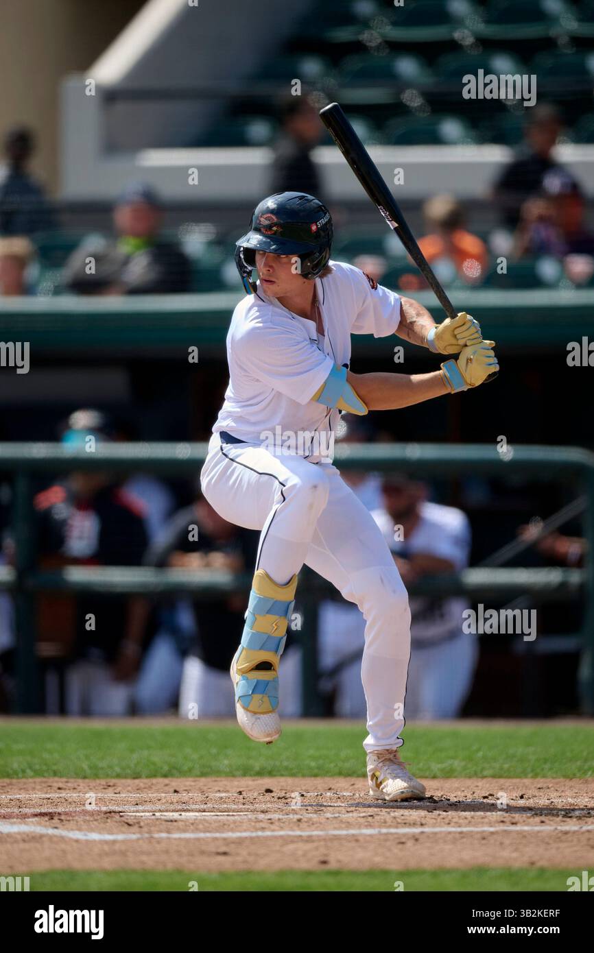 Lakeland Flying Tigers Bryce Rainer (27) bats during an MiLB Florida ...