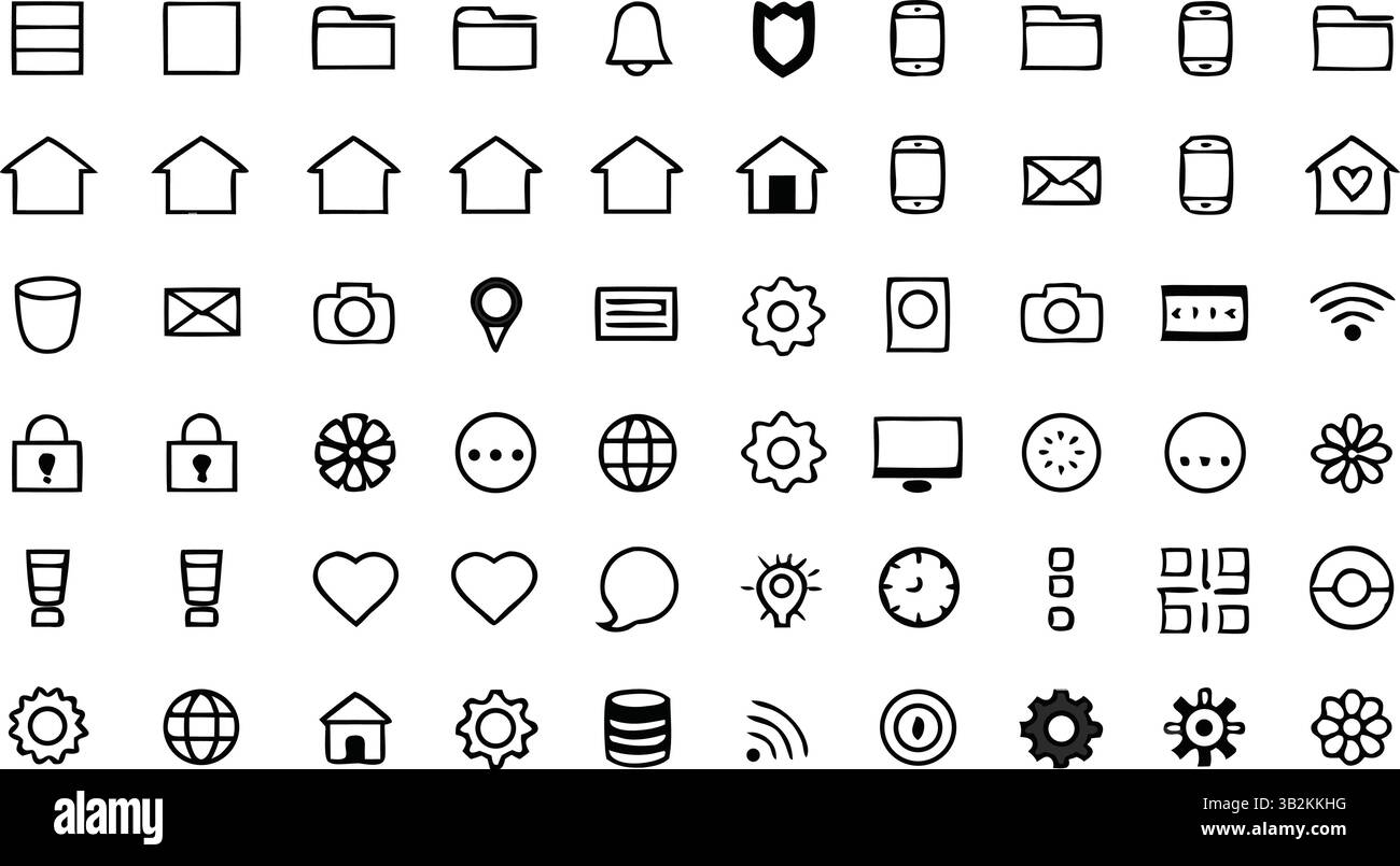 Web and Mobile App UI Icons Collection, Minimalist Line Icons Set, User Interface Elements, Communication, Security, Navigation Symbols Stock Vector