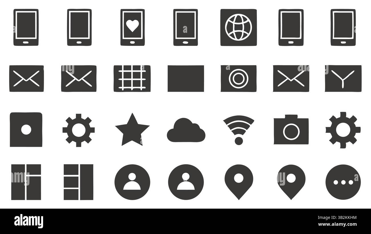 Mobile App UI Icons Set for Web and Applications, Minimalist Flat Icons Pack, User Interface Symbols, Navigation, Settings, Communication Stock Vector