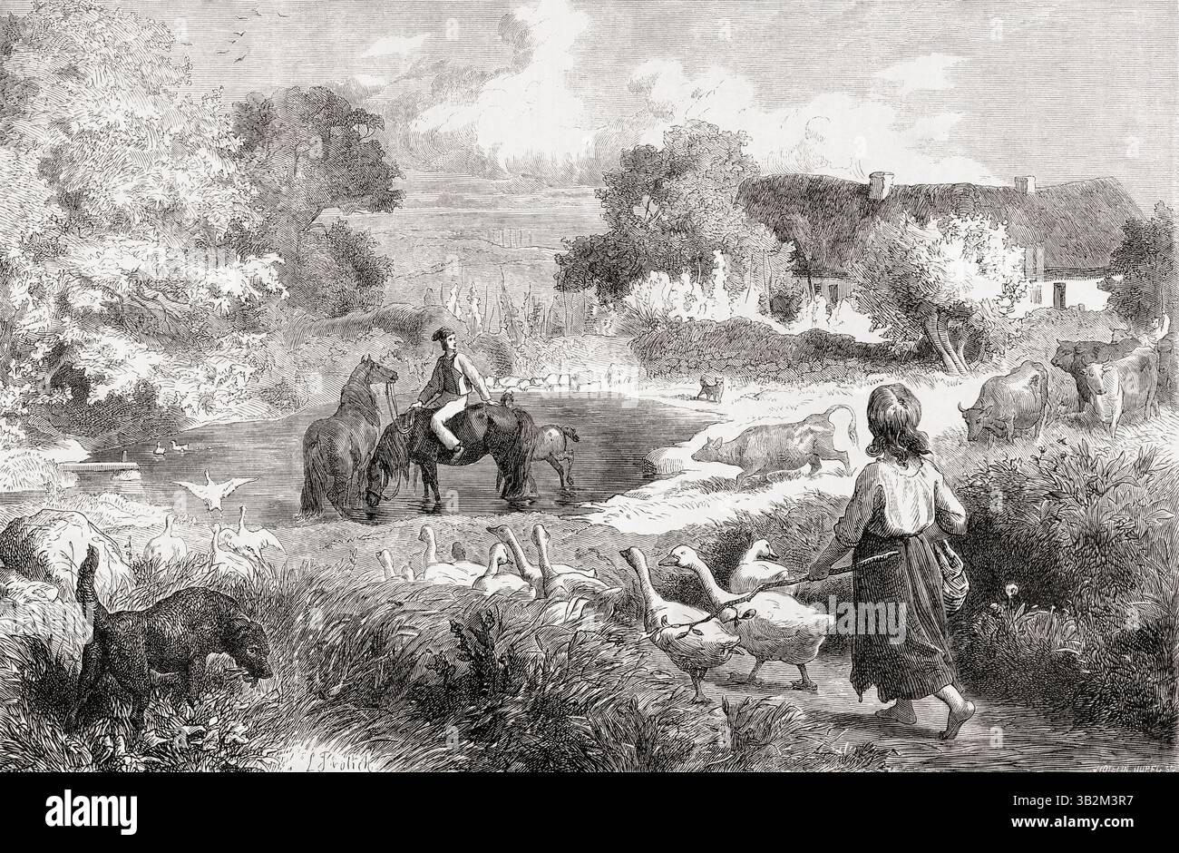 A farm on Funen Island, Denmark, 1860.  From Voyage en Danemark or Voyage in Denmark by Jean Marie Dargaud, 1860. Featured in Le Tour du Monde, published 1862. Stock Photo