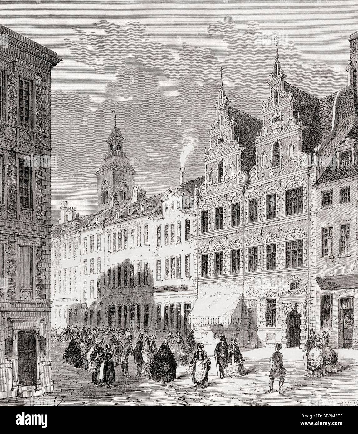 Market Street and Divecke's House, Amager, Denmark, 19th century.  From Voyage en Danemark or Voyage in Denmark by Jean Marie Dargaud, 1860. Featured in Le Tour du Monde, published 1862. Stock Photo
