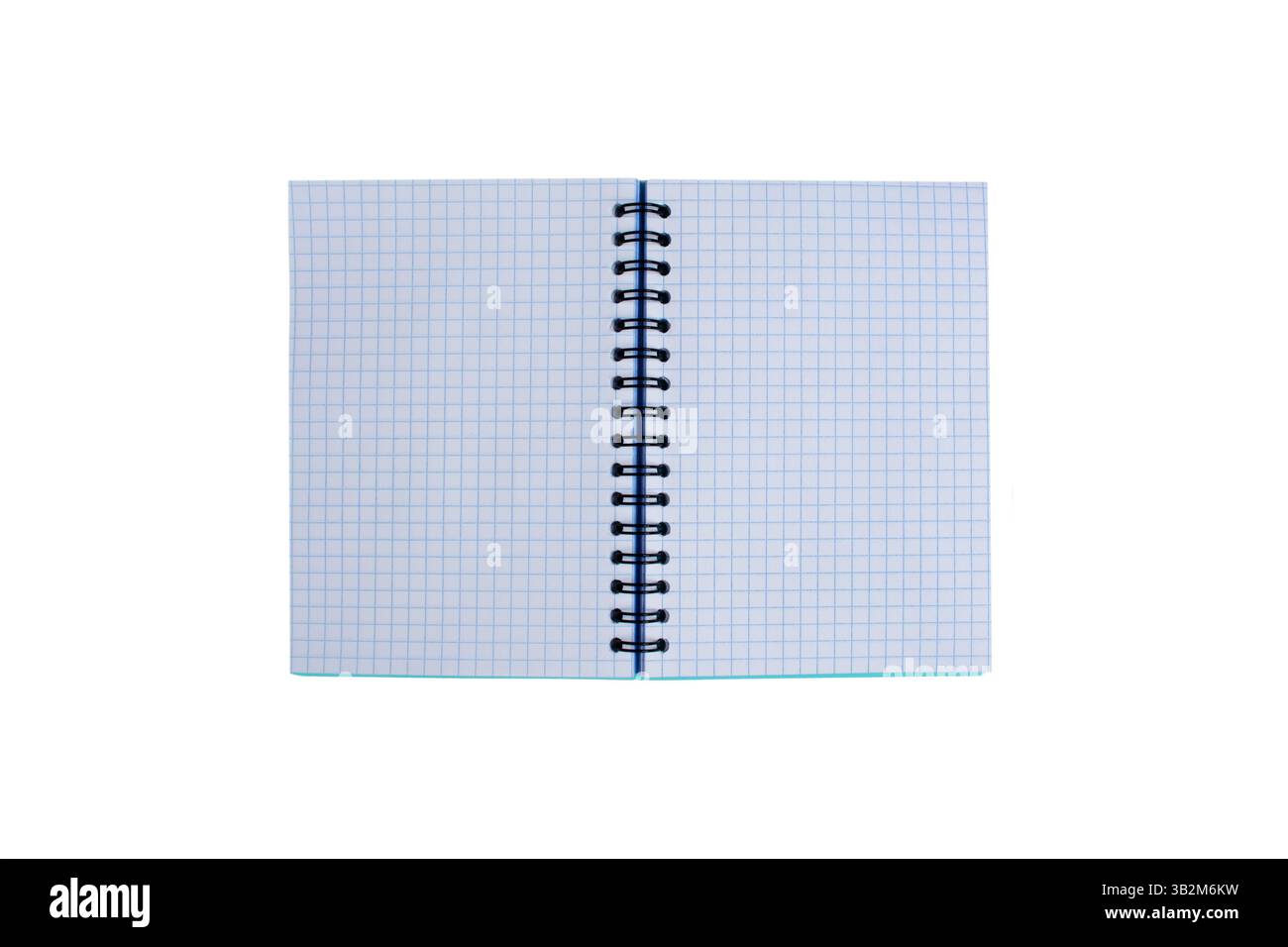Open notebook empty pages top view. Lined notepad isolated on white background. Note book spreadsheet pages. Opened dairy or textbook mockup. Opened b Stock Photo