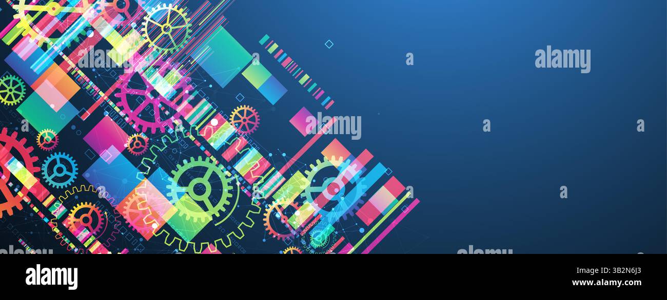 Abstract technological background with colored gears and multicolored rectangles and plexus effect. Vector Stock Vector