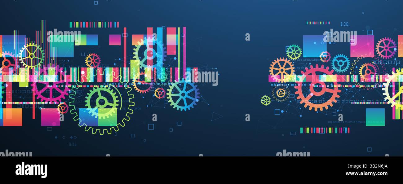 Abstract technological background with colored gears and multicolored rectangles and plexus effect. Vector Stock Vector