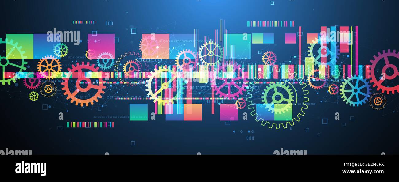 Abstract technological background with colored gears and multicolored rectangles and plexus effect. Vector Stock Vector