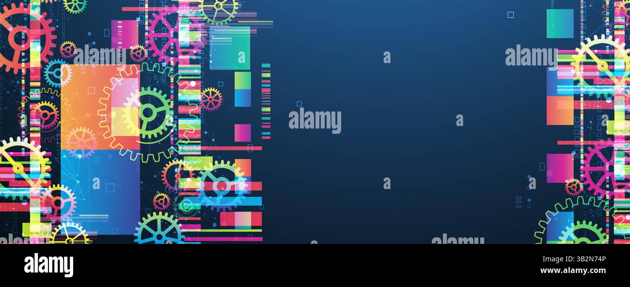 Abstract technological background with colored gears and multicolored rectangles and plexus effect. Vector Stock Vector
