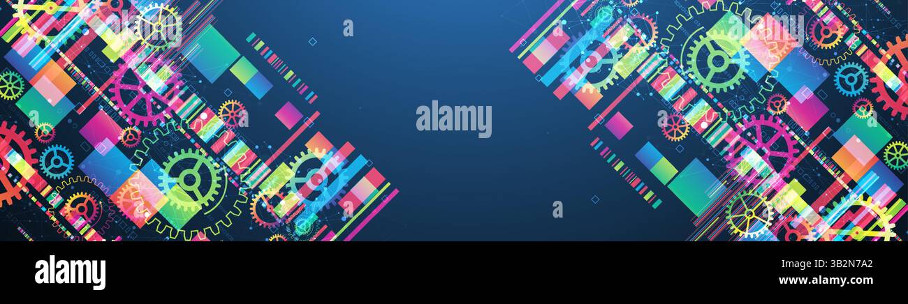 Abstract technological background with colored gears and multicolored rectangles and plexus effect. Vector Stock Vector