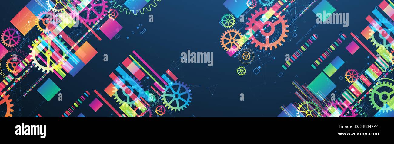 Abstract technological background with colored gears and multicolored rectangles and plexus effect. Vector Stock Vector
