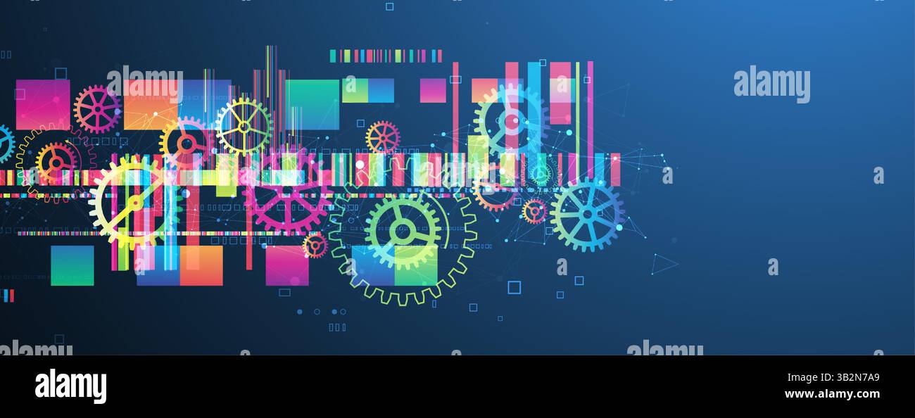 Abstract technological background with colored gears and multicolored rectangles and plexus effect. Vector Stock Vector