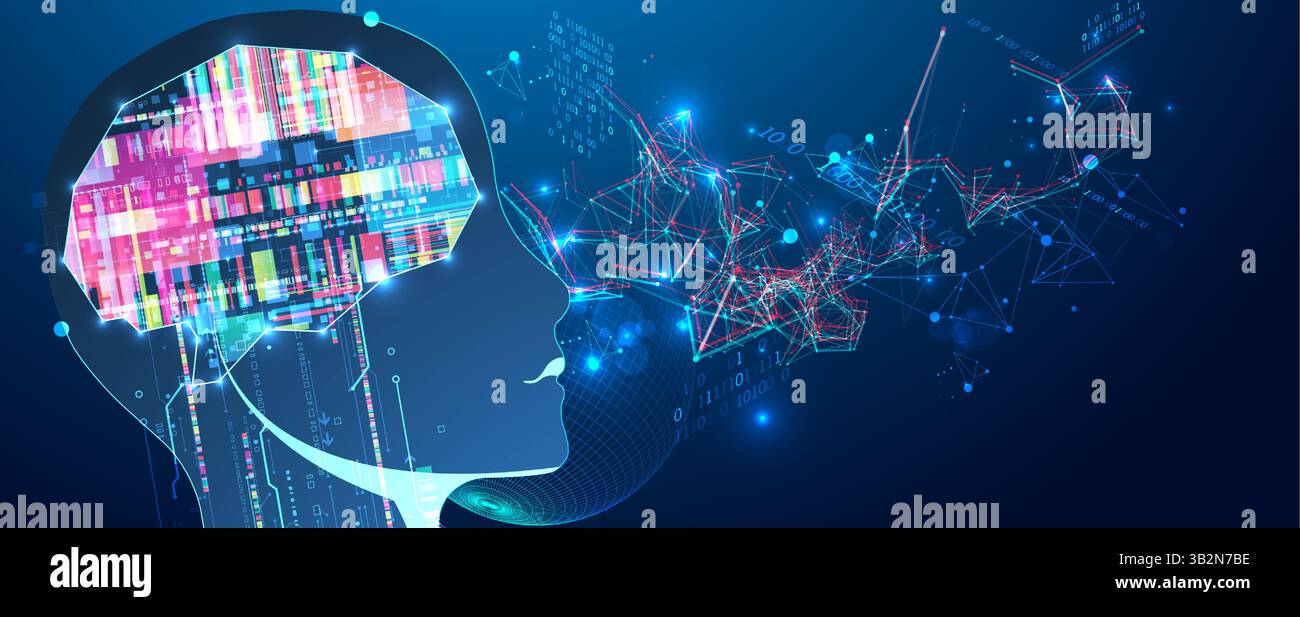Abstract background on the theme of artificial intelligence. Brain shape with technological elements inside the contour. Vector Stock Vector