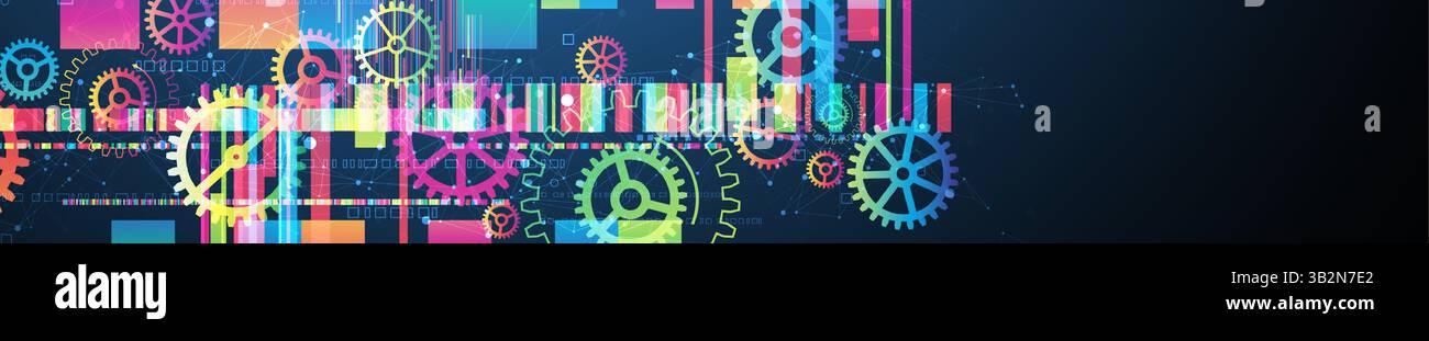Abstract technological background with colored gears and multicolored rectangles and plexus effect. Vector Stock Vector