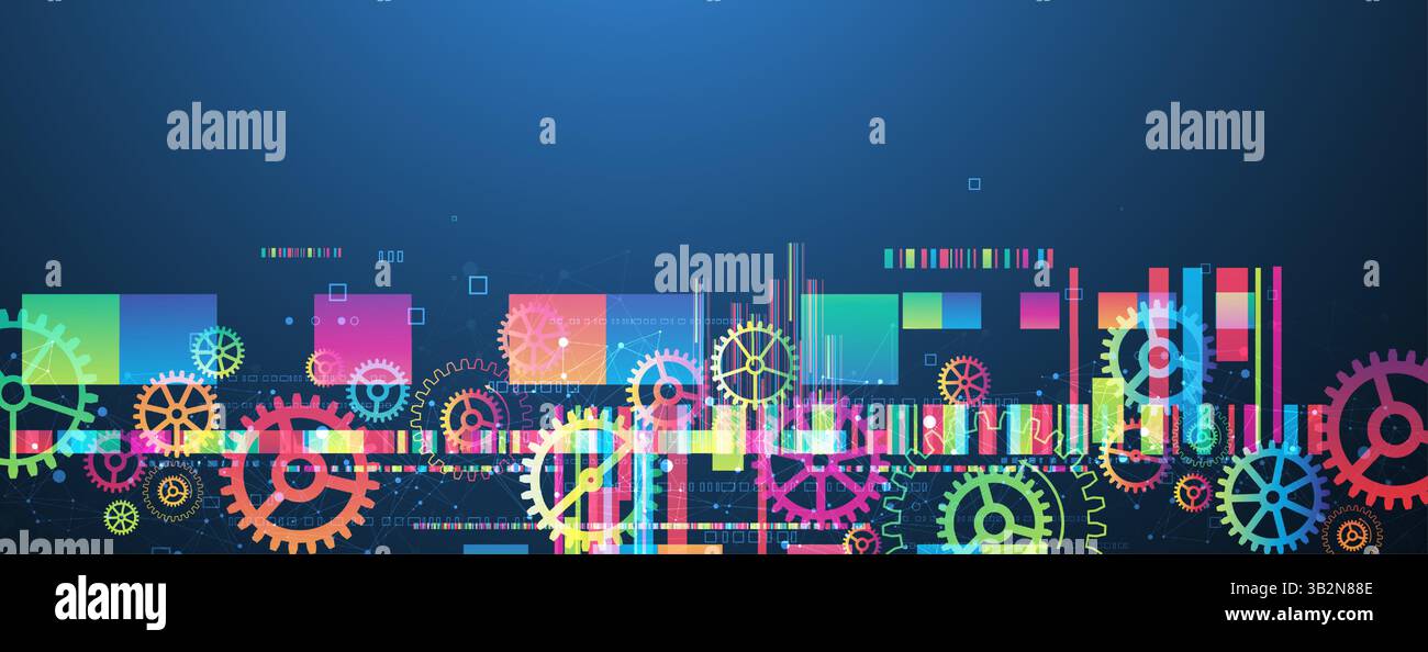 Abstract technological background with colored gears and multicolored rectangles and plexus effect. Vector Stock Vector