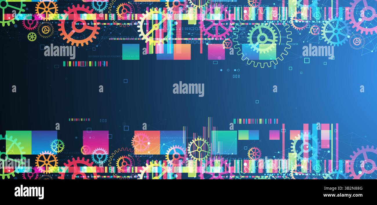 Abstract technological background with colored gears and multicolored rectangles and plexus effect. Vector Stock Vector