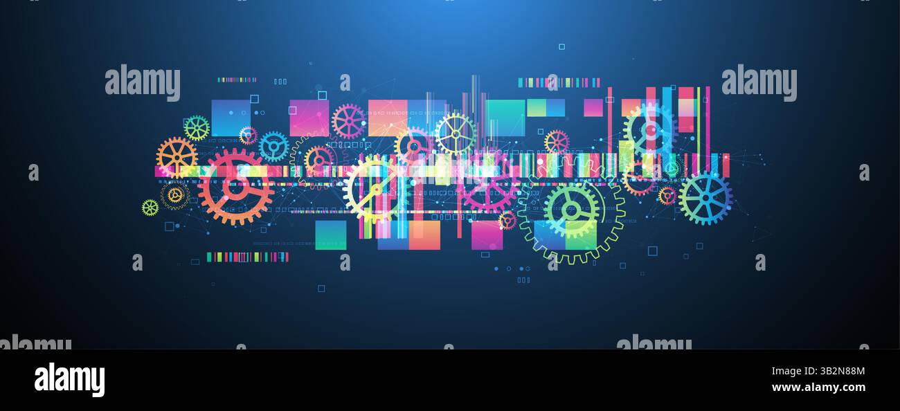 Abstract technological background with colored gears and multicolored rectangles and plexus effect. Vector Stock Vector