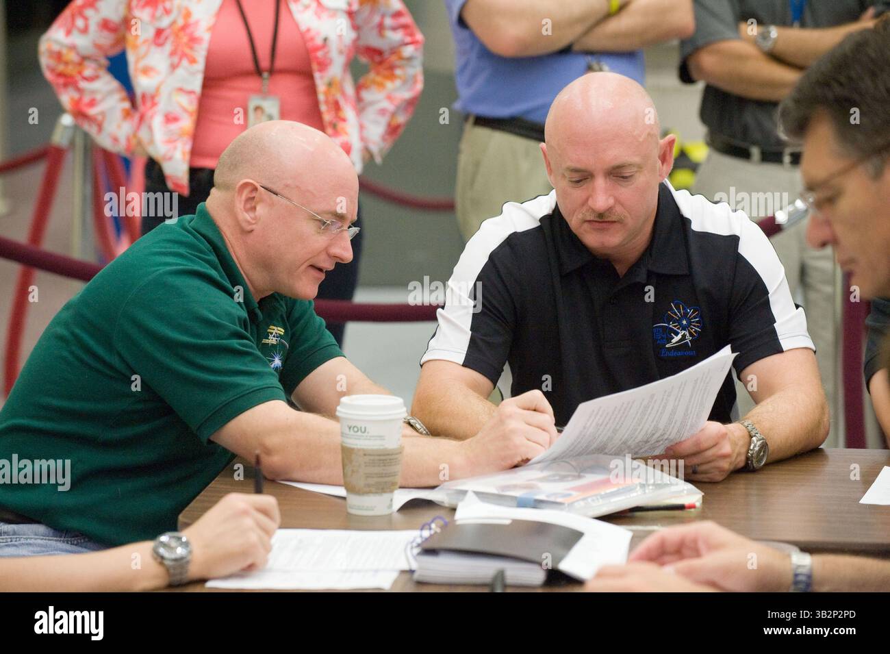 July 16, 2010 - Houston, TX, United States of America - NASA astronauts Scott Kelly (left), Expedition 25 flight engineer and Expedition 26 commander and identical twin brother Mark Kelly, STS-134 commander during emergency scenarios training session in the Space Vehicle Mock-up Facility at Johnson Space Center July 16, 2010 in Houston, Texas. (Credit Image: © Mark Sowa/Planet Pix via ZUMA Wire) Stock Photo