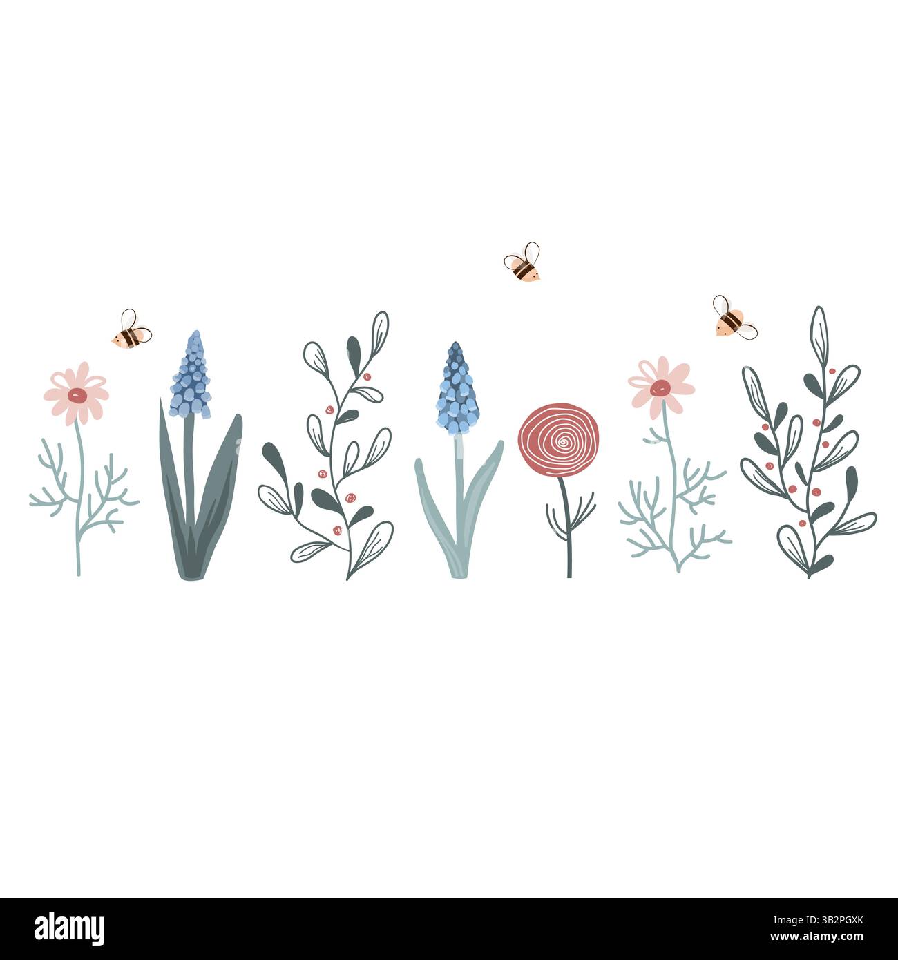 Cute frame border with spring flowers and bees. Vector isolated ...