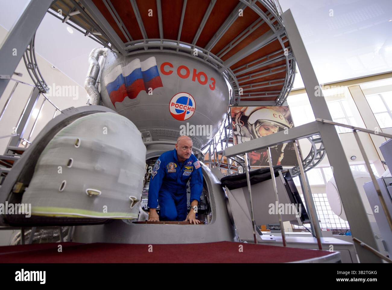 March 7, 2015 - Star City, Russia - International Space Station Expedition 43 NASA Astronaut Scott Kelly exits a Soyuz simulator on the second day of qualification exams in preparation for their launch to the International Space Station onboard a Soyuz TMA-16M spacecraft at the Gagarin Cosmonaut Training Center March 7, 2015 in Star City, Russia. (Credit Image: © Bill Ingalls/Planet Pix via ZUMA Wire) Stock Photo