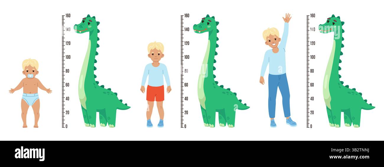Kid measure height. Funny boy gradually growing process, ruler with ...