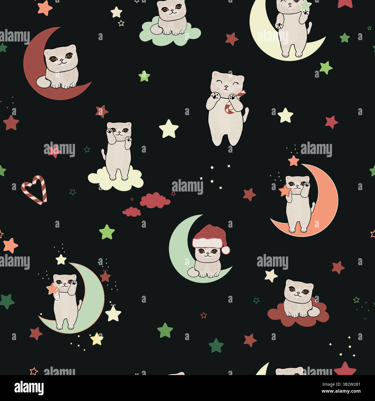 Moon and cats pattern green black Stock Vector
