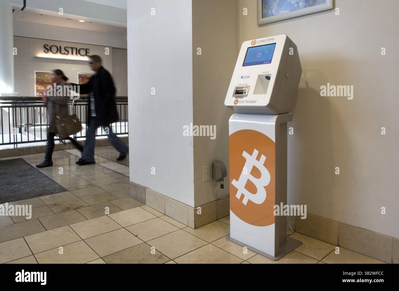 A bitcoin ATM is available for transactions at Westfield Valley Fair mall  on Dec. 16, 2015 in San Jose, Calif. The machine allows a person to  exchange bitcoins and cash without the