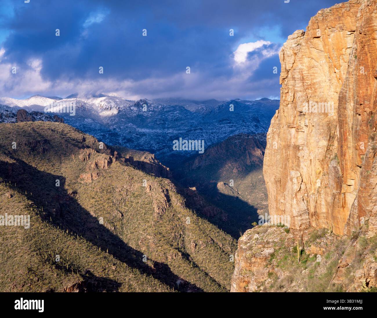 A view of Sabino Canyon high above the canyon floor with winter storm higher in the Santa Catalina Mountains, Tucson, Arizona Stock Photo
