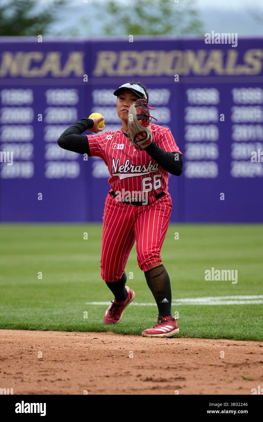 Nebraska Cornhuskers Katelyn Caneda (66) throws to first base during ...