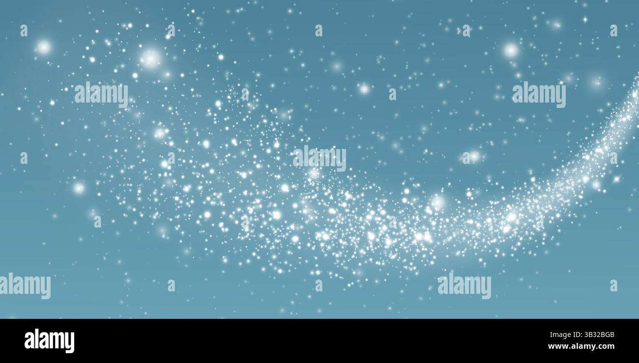 A Sparkling Starry Trail Set Against a Blue Background Along with Various Glittering Effects and Elements Stock Vector