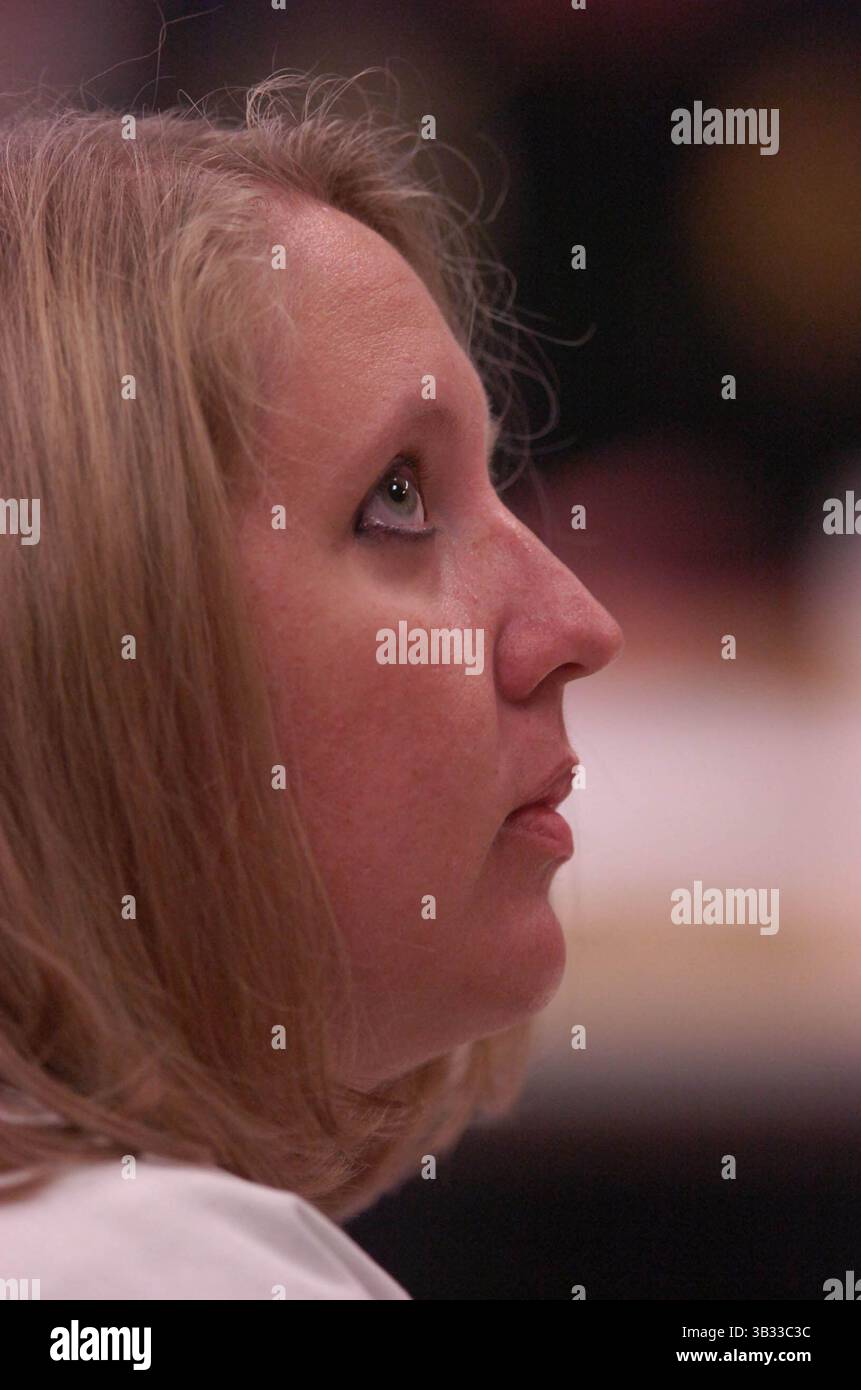 August 9, 2007 - Kingston, TN, USA - Jennifer Hyatte answers questions from her defense attorney during a motion hearing Thursday in Roane County Criminal Court. Hyatte and her husband, George, are charged with first-degree murder and other charges in the Aug. 9, 2005, slaying of Tennessee Correction Officer Wayne ''Cotton'' Morgan in the parking lot of the Roane County Courthouse. Judge E. Eugene Eblen ruled that a jailhouse journal written by Jennifer Hyatte can be used as evidence in her trial by prosecutors.  (Michael Patrick/Knoxville News Sentinel)..Photo by Michael Patrick, Knoxville Ne Stock Photo