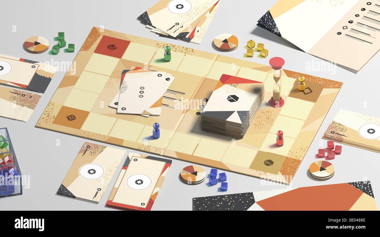 Colored board game field with chips, dice and cards mockup, 3d ...